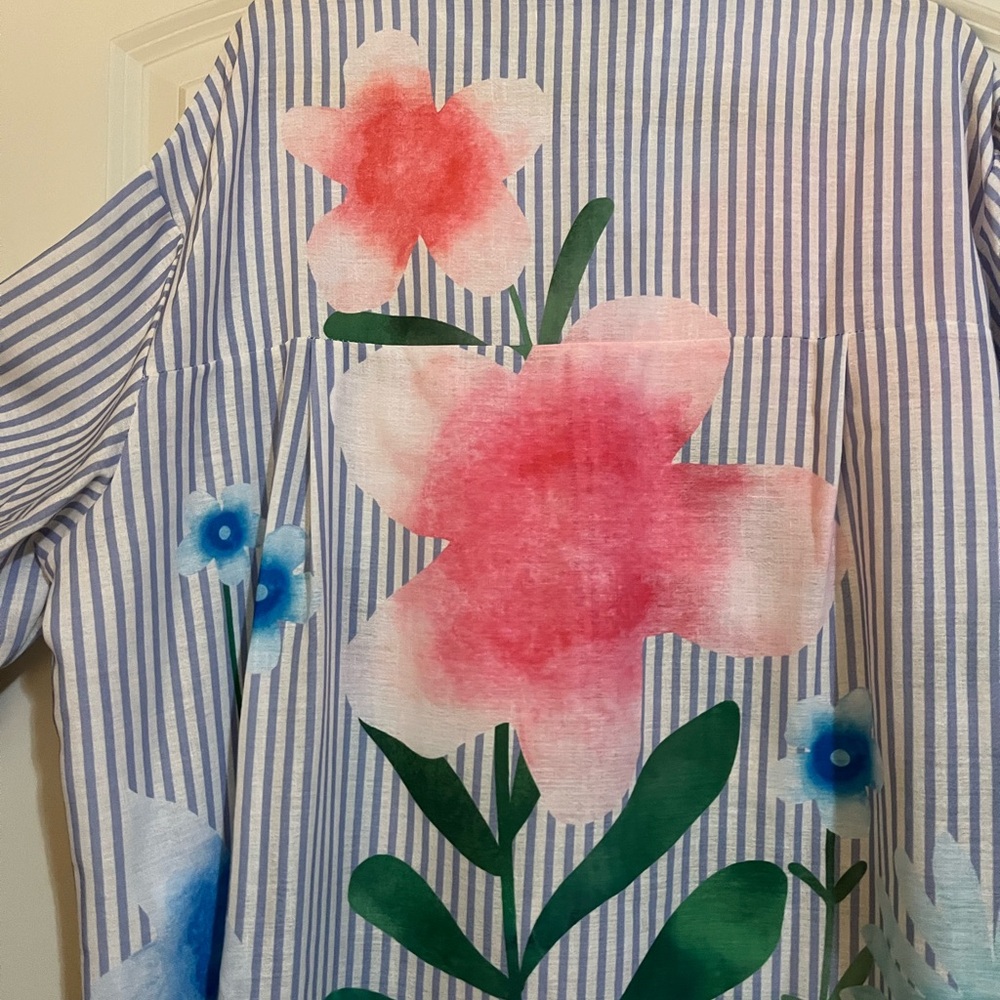 Yolly Striped Floral Button-Up Blouse - Pink & Blue - Picture 11 of 14